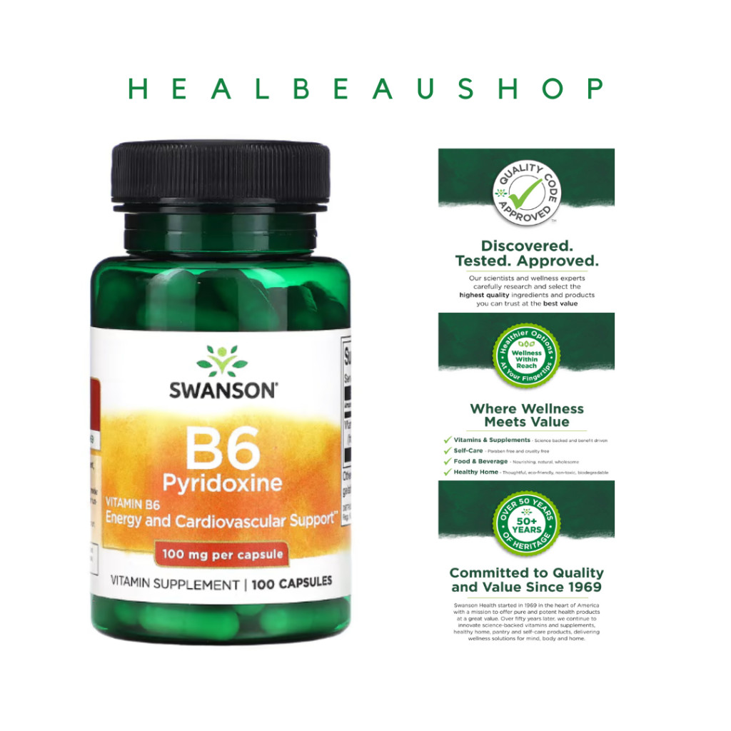 Swanson B6 Pyridoxine 100mg 100Caps Jantung Metabolisme Syaraf Ori USA