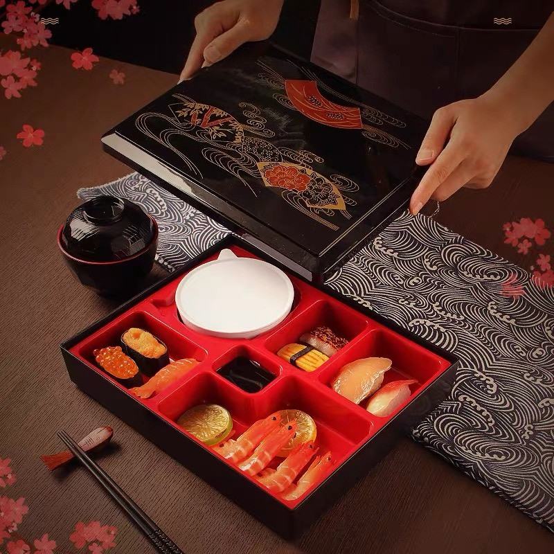 Japanese-Style Bento Box Wood-Grain Pattern Plastic Lunch Container Rectangular Compartmentalized Bu