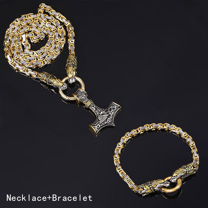 Hot Selling Nordic Retro Viking Wolf Head Necklace Bracelet Viking Stainless Steel Chain Set