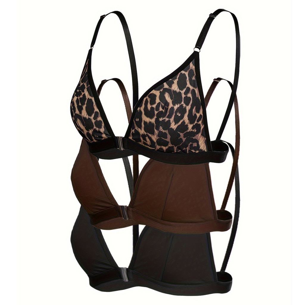 [Miss Lace]Bra wanita motif macan tutul tanpa kawat dan kancing depan