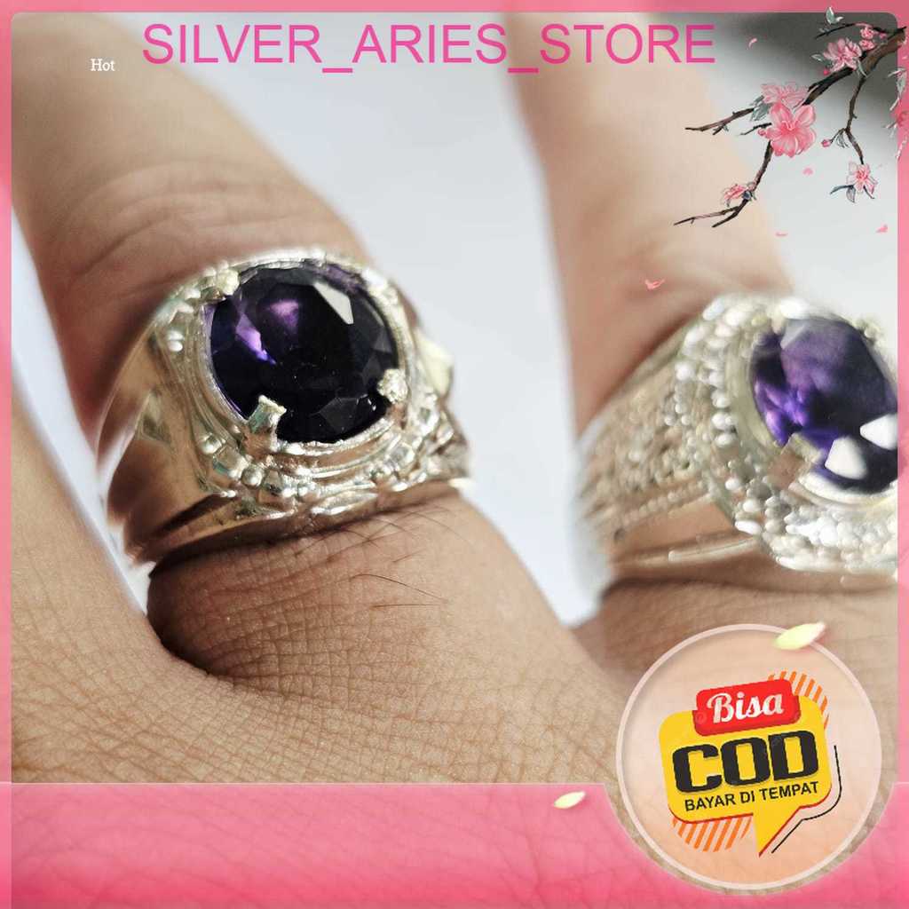 Silver Aries. Cincin Batu Kecubung Wulung Cutting Diamond Crystal / Cincin Kecubung Ungu Cutting Cry