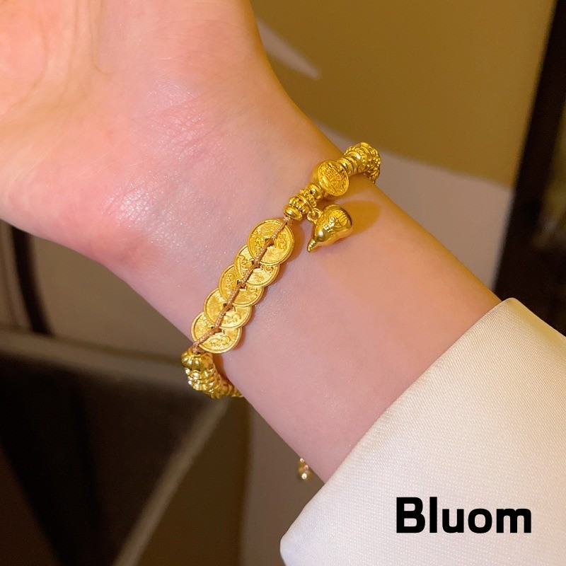 [Bluom] Gelang Tangan Koin Kuno Labu Gaya Tiongkok Kuno Modern Warna Emas Mewah Unik Q241