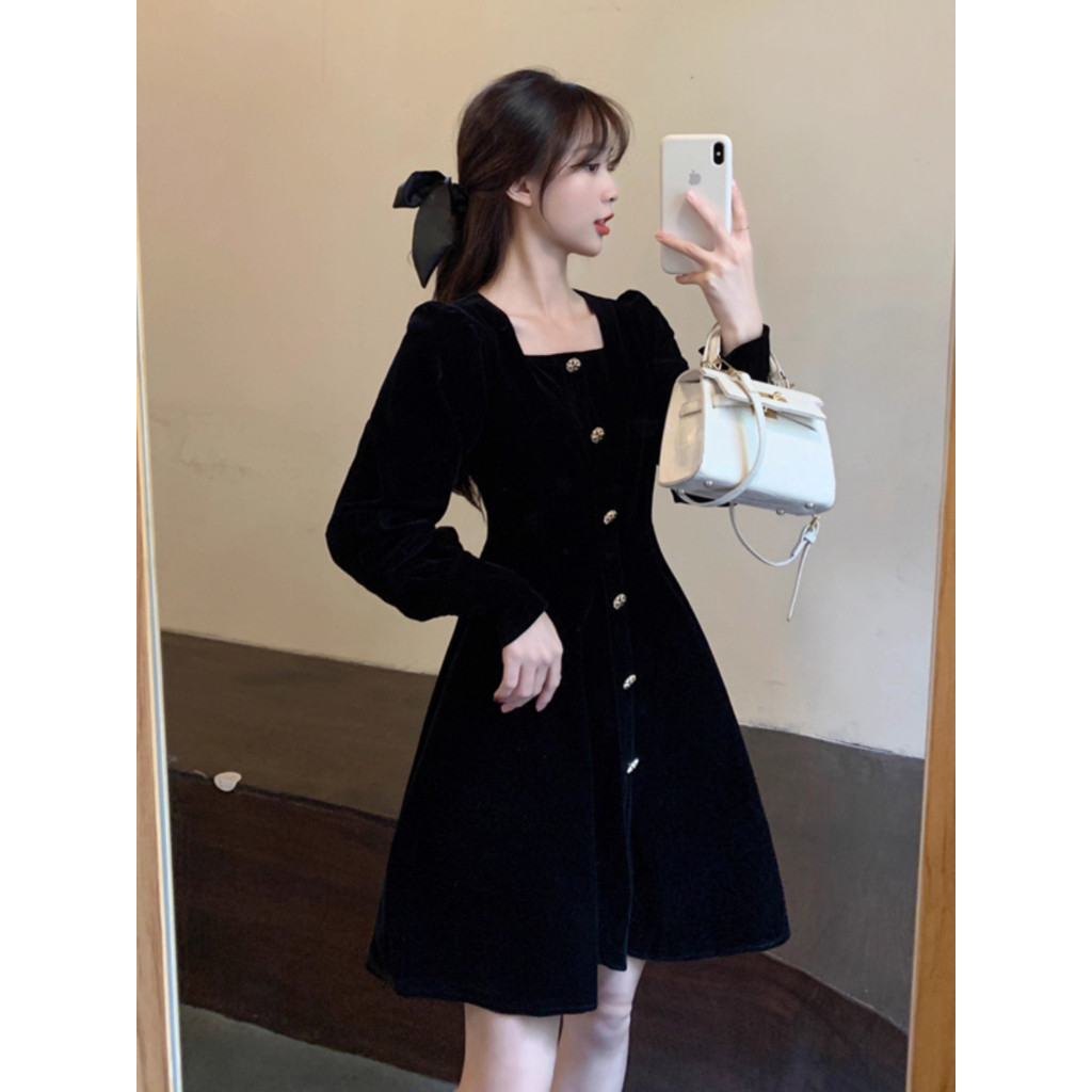 bestpromo fairy evening dress hitam polos gaun pesta mewah elegan lengan panjang wanita kekinian