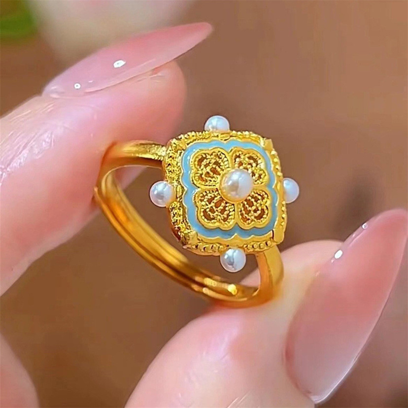 Rain2024National Fashion Enamel Ancient Style Song Yun Sihe Ruyi Ring Female Adjustable New Chinese 
