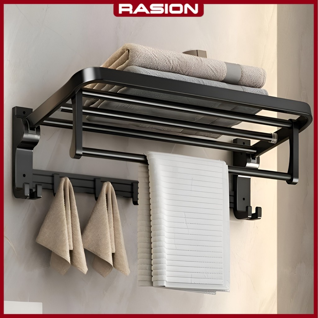 RASION Kamar Mandi Hitam Aluminium Rak Handuk Kamar Mandi Set Tahan Air Tidak Perlu Pengeboran