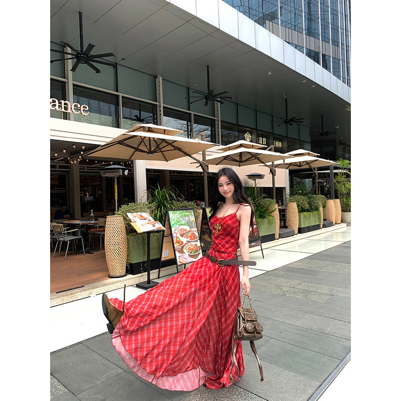 ChubChic COD Gaun Kotak-kotak Merah, Pas, Rok Maxi A-line