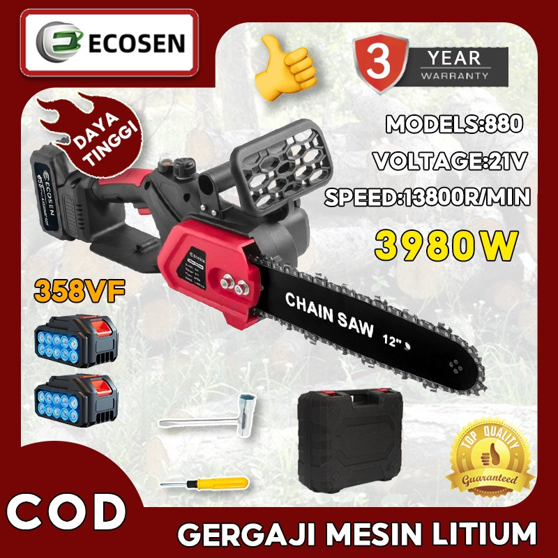Chainsaw Gergaji Rantai Elektrik Mini 12 Inch 2 Baterai 358V Cordless Gergaji Pemotong Kayu Gergaji 