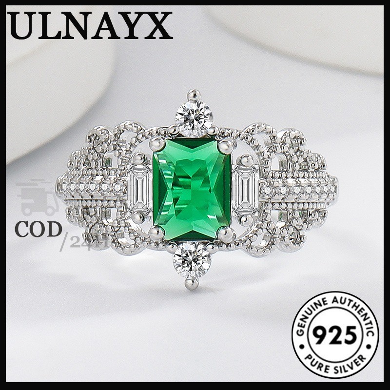 Cincin Wanita Mewah Perak 925 Zircon Berkilau Batu Permata Warna Hijau Nenek