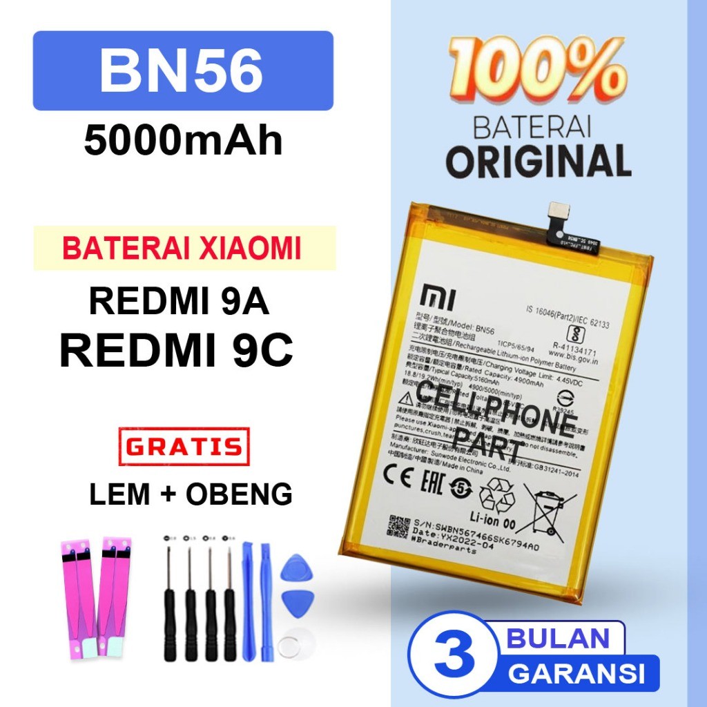 BATERAI BATRE XIAOMI REDMI 9A / REDMI 9C / BN56 ORIGINAL Distributor ( lem & obeng )