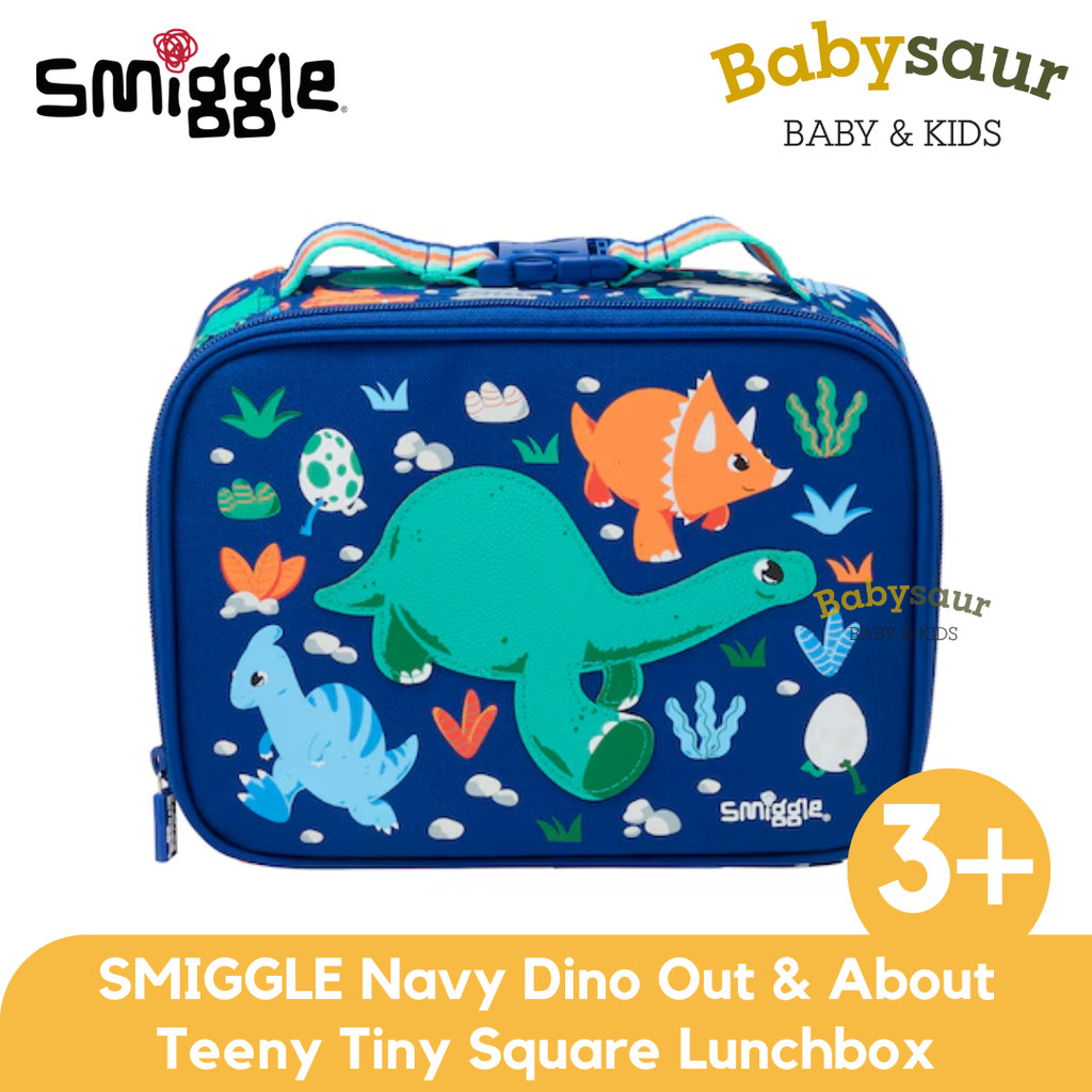 SMIGGLE 100% Original Navy Dino Out & About Teeny Tiny Square Lunchbox Tas Tempat Makan Bekal Bento 