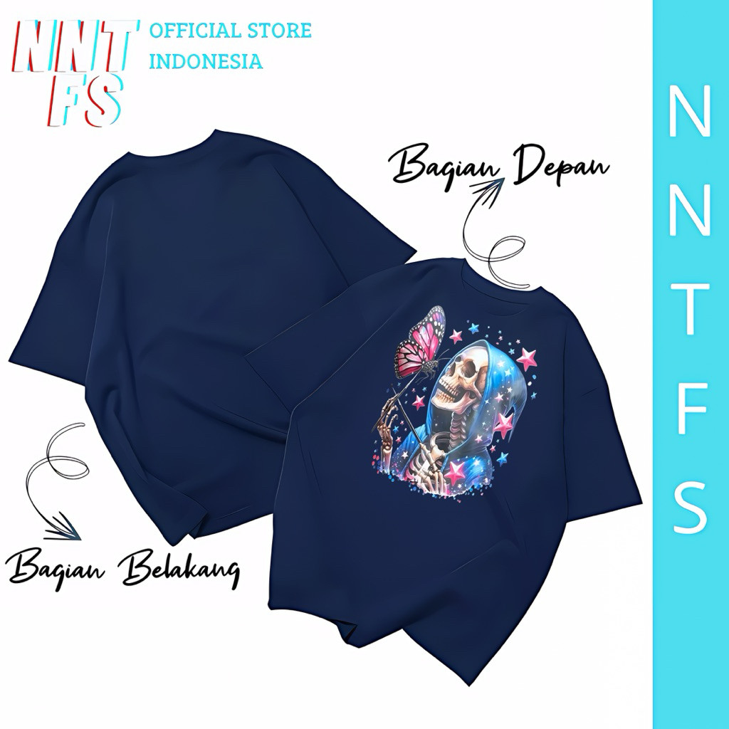 Kaos Pria NNTFS Semi Katun 24s - Butterfly Tengkorak Hitam Navy Merah Putih