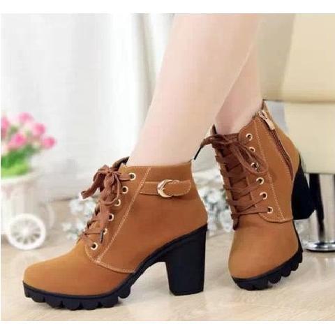 Sepatu Bot Wanita Hak Tinggi Gaya Inggris Baru Hak Tebal Sepatu Bot Pendek Ikat Sepatu Bot