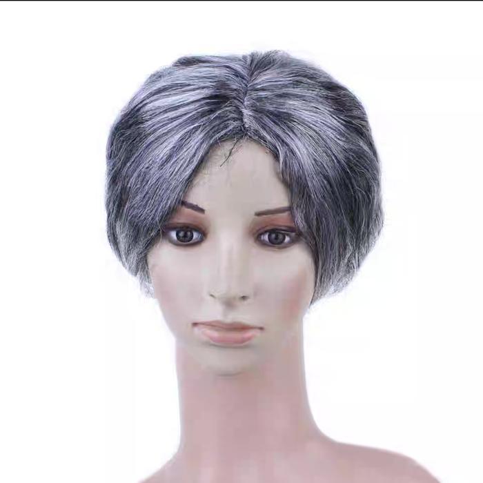 Wig rambut palsu putih abu uban sanggul nenek orang tua lansia cosplay - Abu-abu  Original