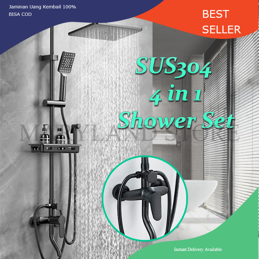 MS SUS304 Shower Set Kamar Mandi Rumah Full  Hotel Booster Shower dengan Rak Penyimpanan Stainless