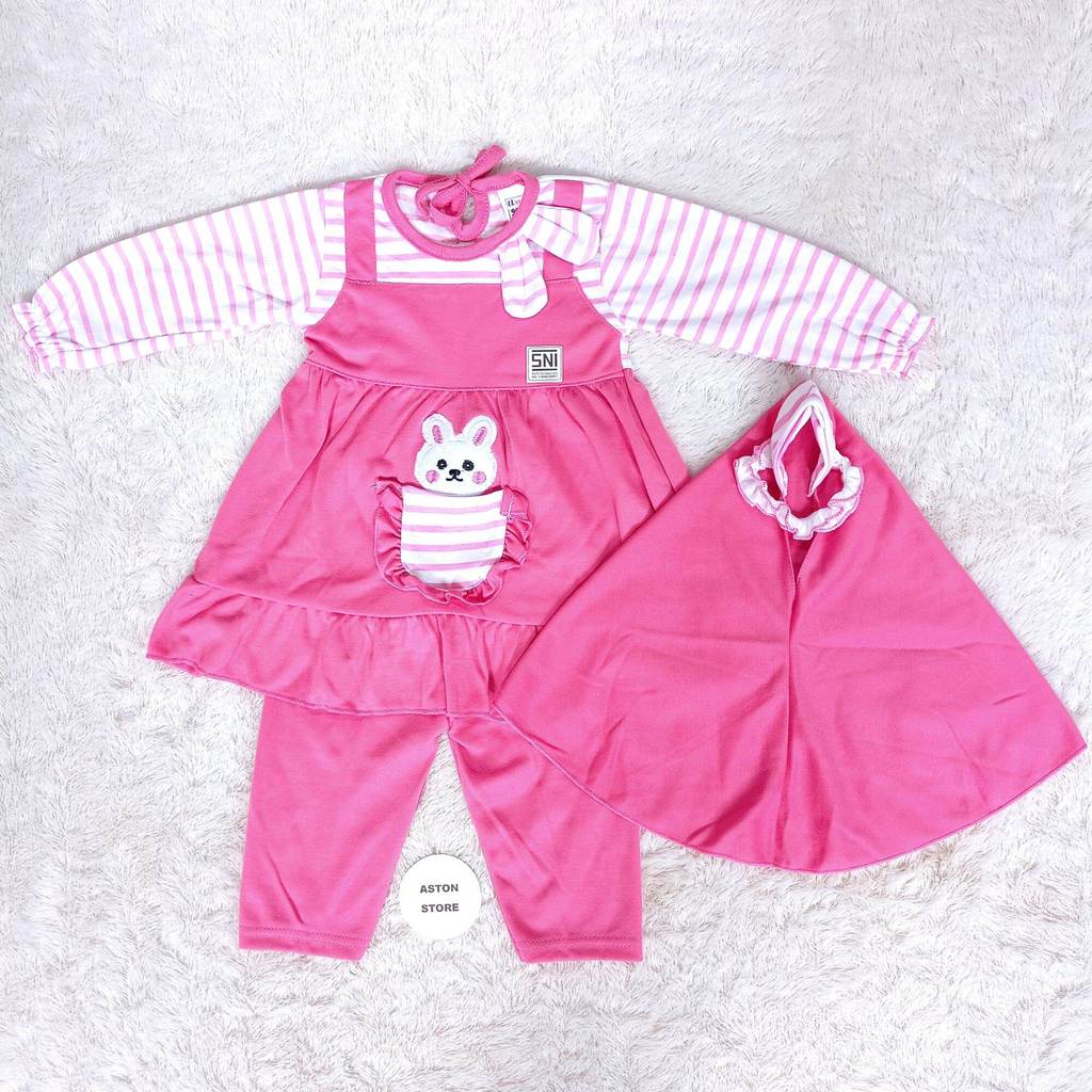 Setelan Gamis Bayi Perempuan / Baju Muslim Bayi Perempuan / Set Hijab Bayi Katun Usia 3-12 Bulan