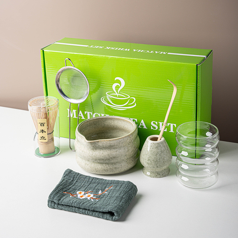 Matcha Set 7Pcs  Matcha Kit with Glass Cup Ceramic Matcha Bowl 100-Prong Whisk Tea Scoop Ceremony To