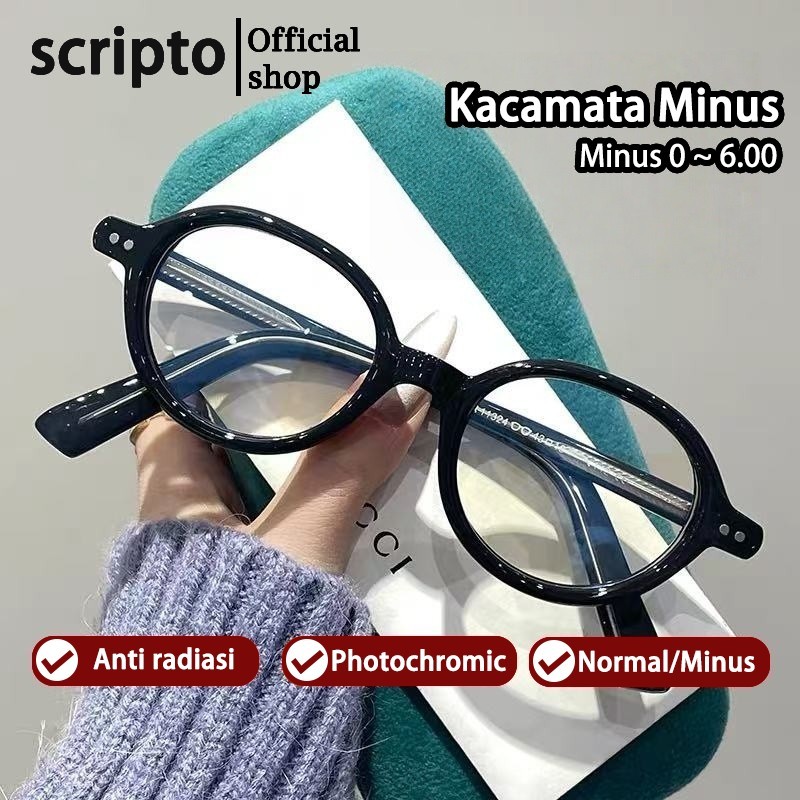 Scripto Kacamata Minus Wanita Pria Retro Qval Frame Anti Blueray Korean Style INS Fashion Bahan TR90