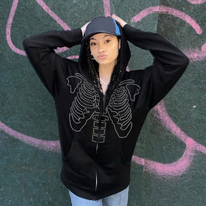 2025Autumn Winter New Dark Skeleton Rhinestone Loose Solid Color Hooded Cardigan Unisex Sweatshirt H