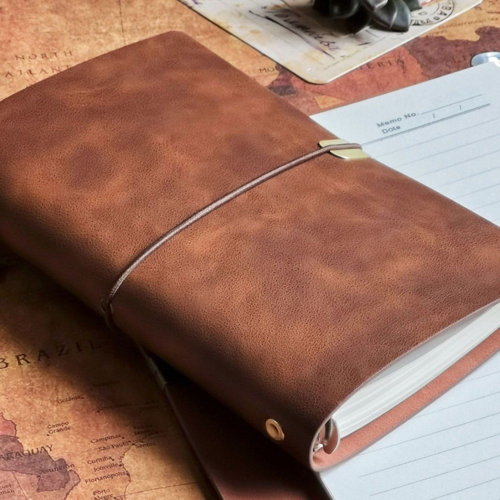 Vintage Leather Notebook - Loose-Leaf Kraft Journal with Strap, Soft Plain Cover Flip ary Notepad