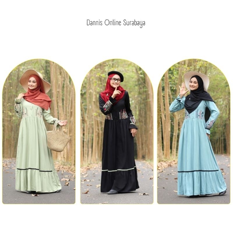 Promo Hits ️ Dannis Online Surabaya ️ A230208 Abaya Dannis Terbaru Katun Gamis Bordir Dress Wanita P