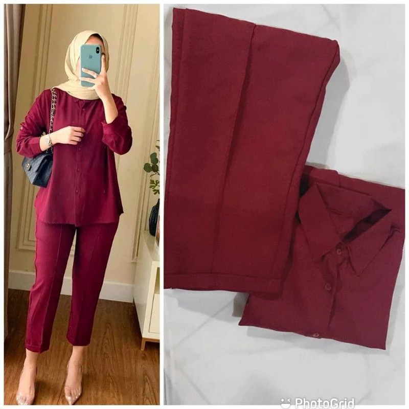 One Set Kemeja Katun Polos Wanita / Baju Setelan Wanita Kekinian