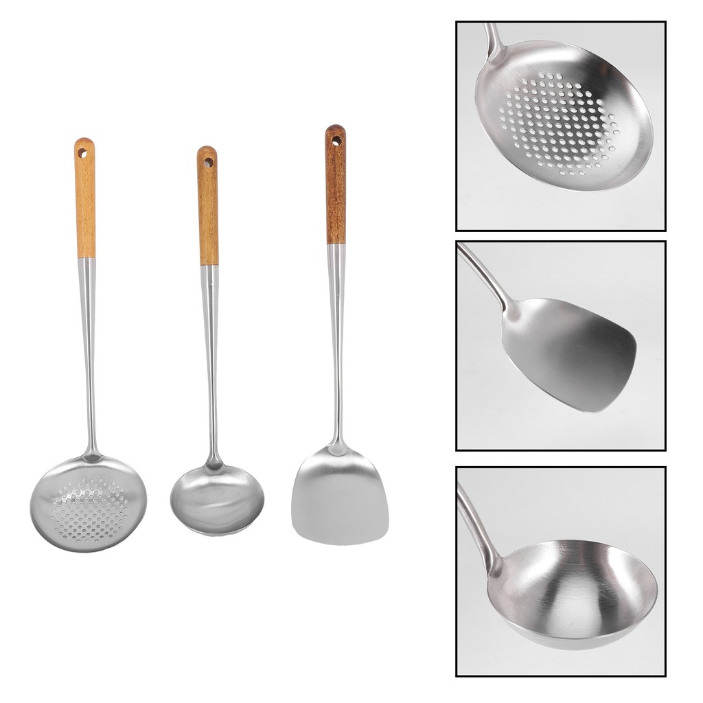 ELEGWok Spatula And Ladle,Skimmer Ladle Tool Set, 17Inches Spatula For Wok, 304 Stainless Steel Wok 