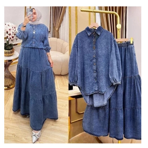 Zahra~Rena Set Baju Stelan Rok Jeans Wanita Jumbo/ One Set Jeans Premium/Setelan Jeans Wanita Jumbo