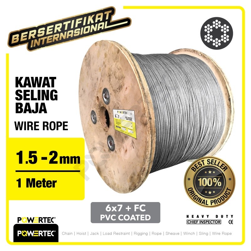 POWERTEC Wire Rope / Kawat Seling Baja 6x7 FC PVC 1.5mm - 2mm   - 1 Mtr