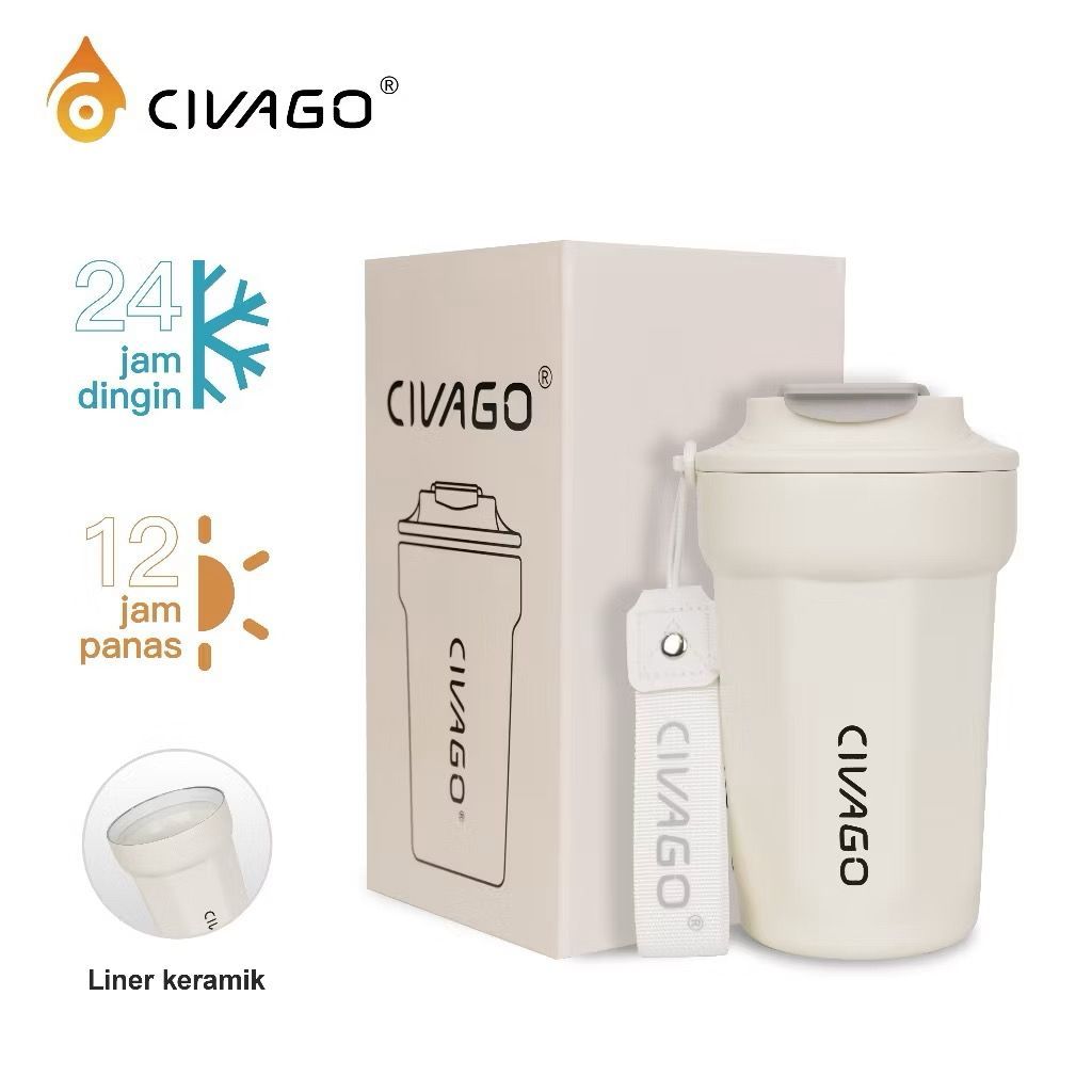 CIVAGO (13oz/385ml) Mug Kopi Stainless Steel 304 dengan Lapisan Keramik dan Tutup Termos Vakum untuk