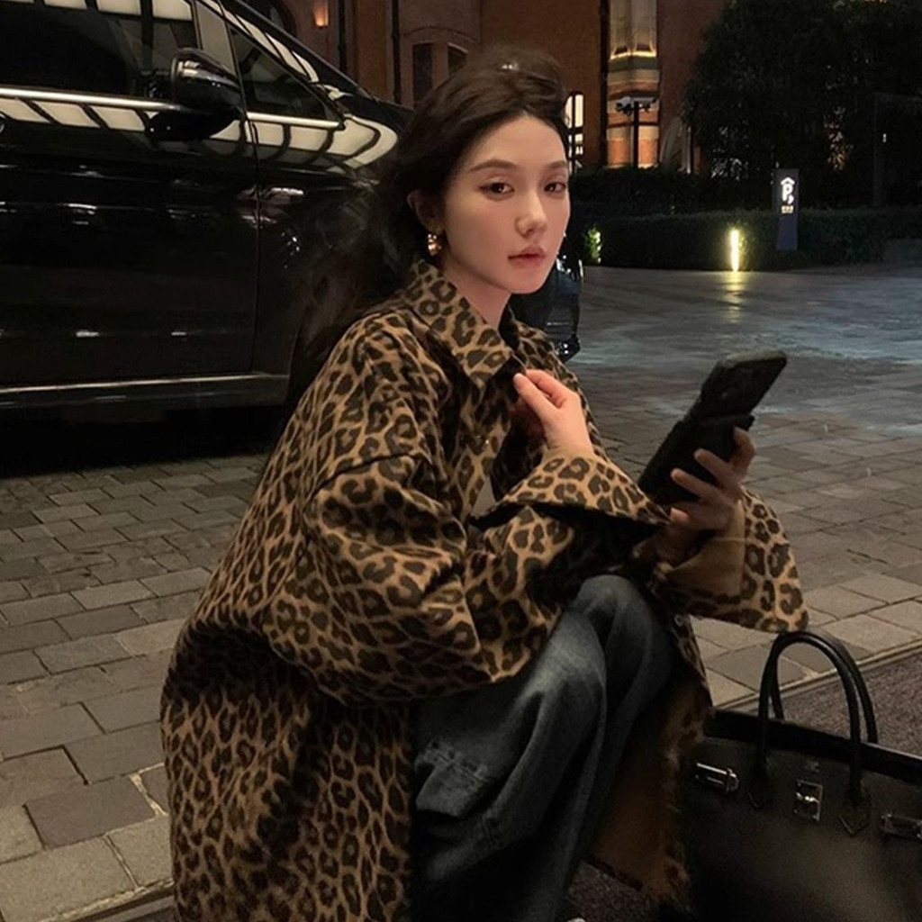 Jaket Cetakan Macan Tutul Gaya Retro Amerika untuk Gadis