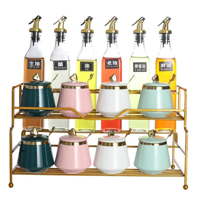 Nordic style household glass seasoning box combination set oil bottle pot salt pot iron double shelf