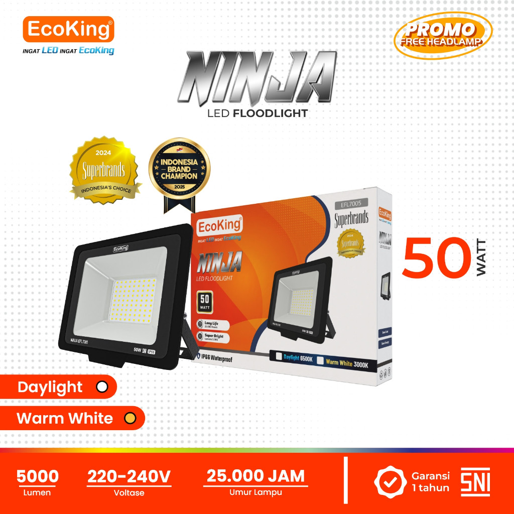 EcoKing Lampu Sorot LED Flood Light Ninja 50W Cahaya Putih/Kuning (NINJA-EFL7005)