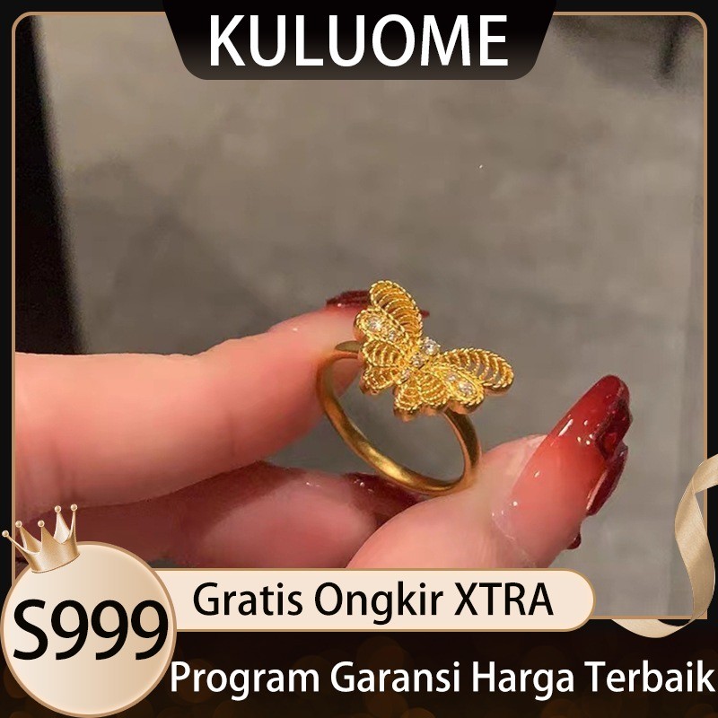 KULUOME Cincin Emas Cincin Kupu-Kupu Berlapis Emas Vietnam Pasir Emas Niche Cincin Terbuka s999