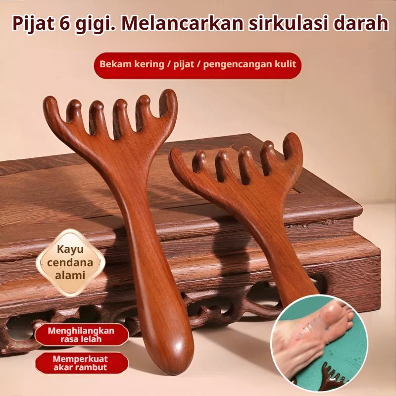 ✨ COD + Gratis Ongkir ✨ Sisir Ranting Rusa Kayu Cendana / Massager Kepala 6 Gigi / Alat Pijat Kulit 