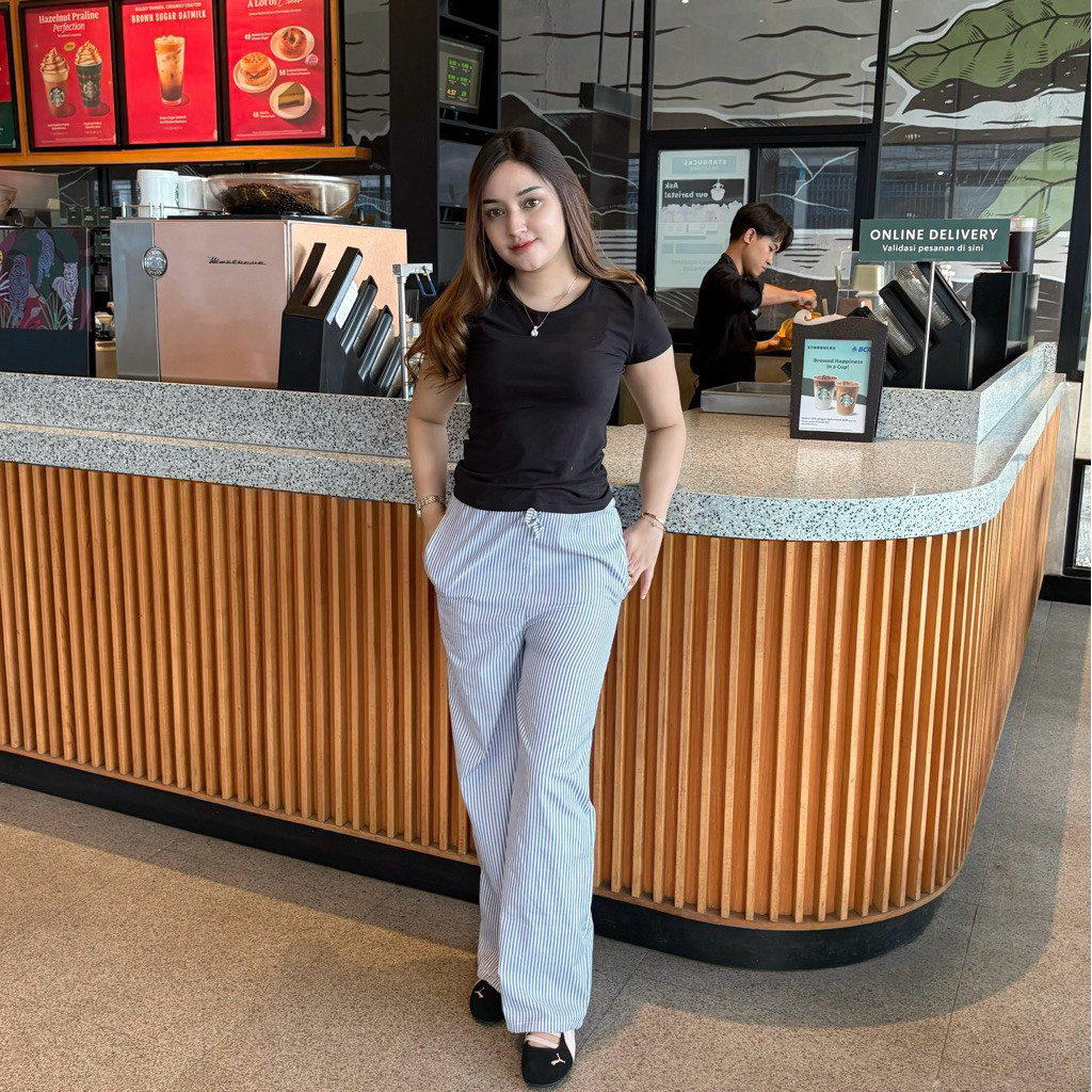 AND Celana Kulot Highwaist Loose Pants Stripe - Celana Panjang Wanita Salur Tali Serut Anti Kusut