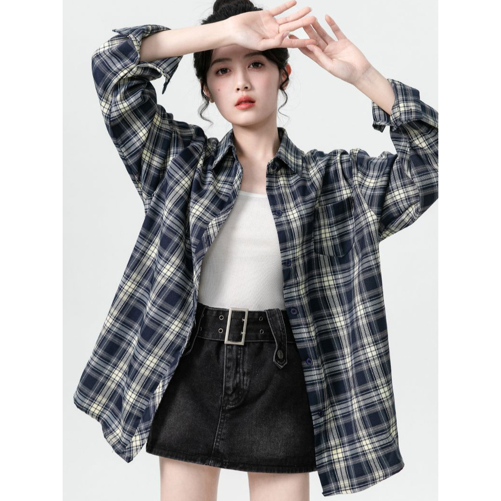 Jaket Kemeja Kotak Pelindung Matahari Wanita Longgar#Kemeja Kotak-Kotak Retro Amerika