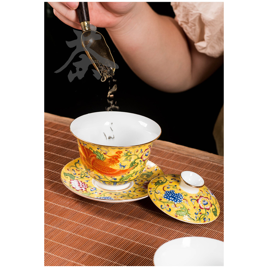 Ceramics Sancai Gaiwan Bowl Dragon and Phoenix Master Cup Tea Cup Handmade Enamel Color Tea Bowl Hig
