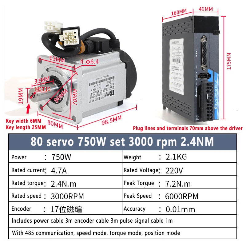 NEW  750W  AC Servomotor 2.39N.M  80 Drive Kit 3000rpm Drive +17 bit Magnetic Encoder+encoder cable 