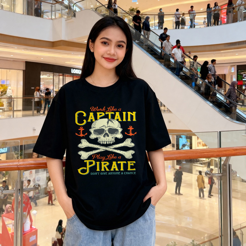 Distro Original 100% Work Like Captain Play Like Pirate Kaos Wanita Oversize Santai Pakaian Atasan W
