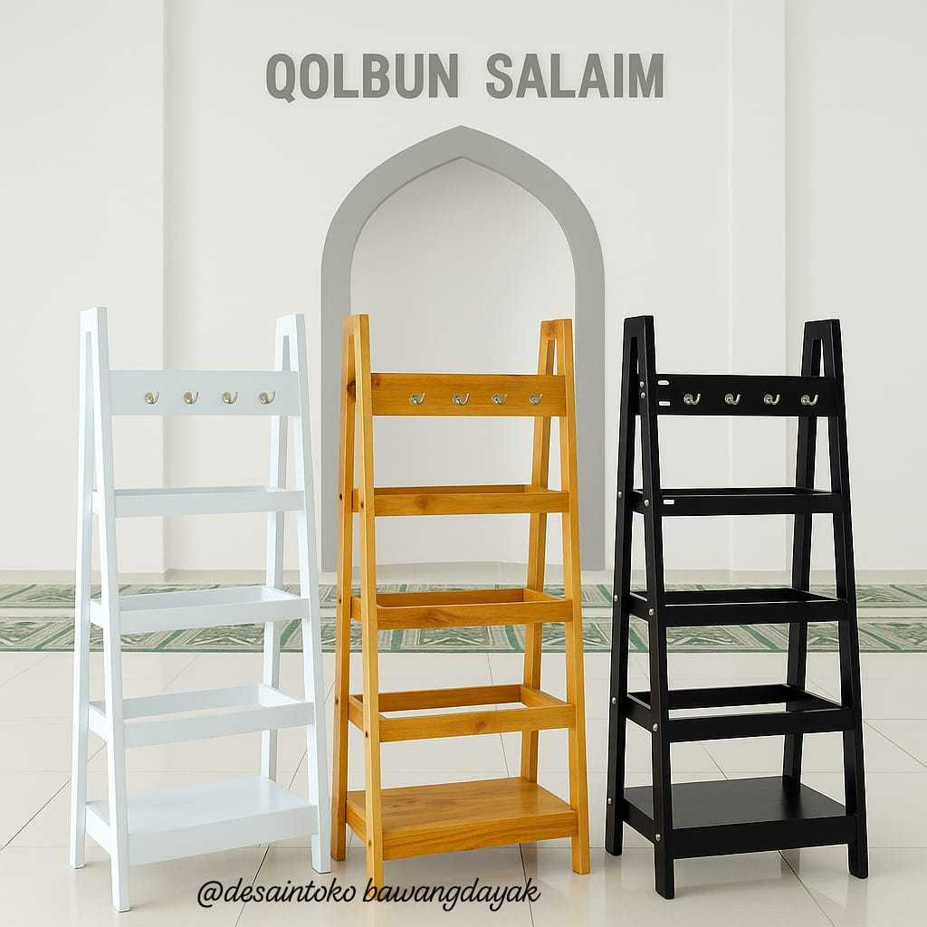 Rak jilbab Dekorasi Musolla Rak mukenah dan sajadah minimalis kayu Rak al quran