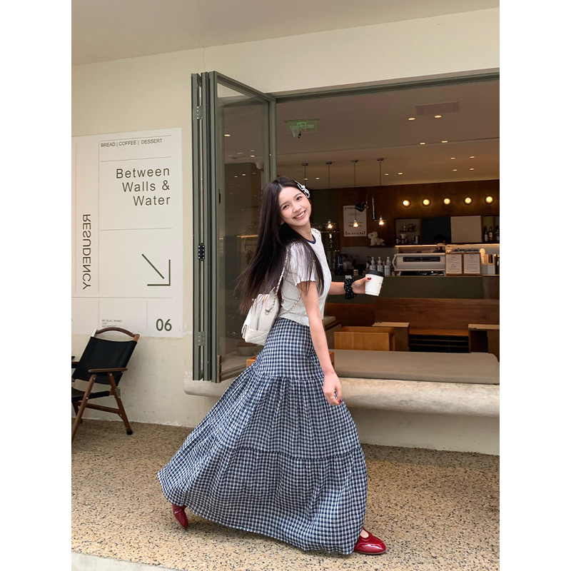 ChubChic COD Rok Midi Kotak-kotak Tambal Sulam, Rok Panjang A-line Baru Yang Elegan