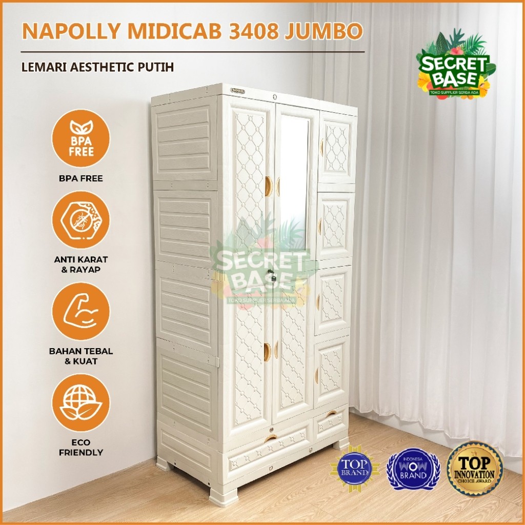 NAPOLLY MIDICAB 3408 JUMBO - Lemari Pakaian Gantung + Kaca / Lemari Baju Susun Plastik Jumbo
