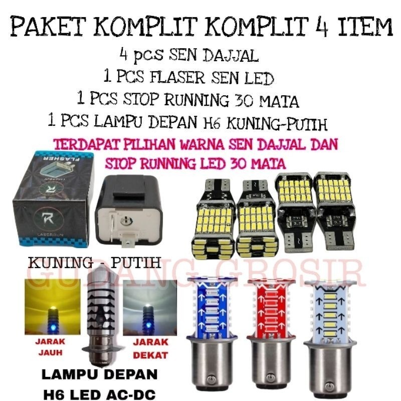 PAKET COD LAMPU DEPAN H6 KUNING-PUTIH SENJA BIRU+SEN DAJJAL+FLASER SEN+STOP LED 30 MATA BEAT,VARIO,M