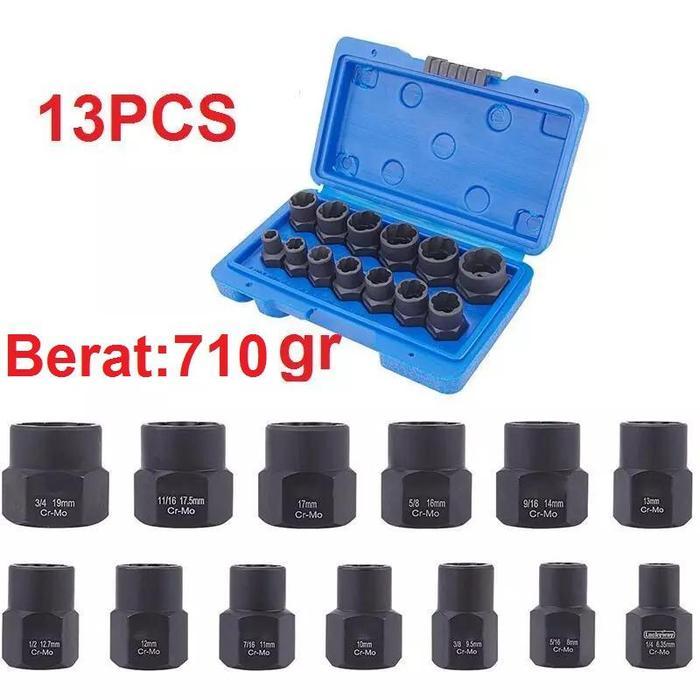 craftsman9 10 13 14 PCS Alat Pembuka Baut Mur Rusak 9mm-19mm Set Kunci Ring pass Damage - 13 Pcs