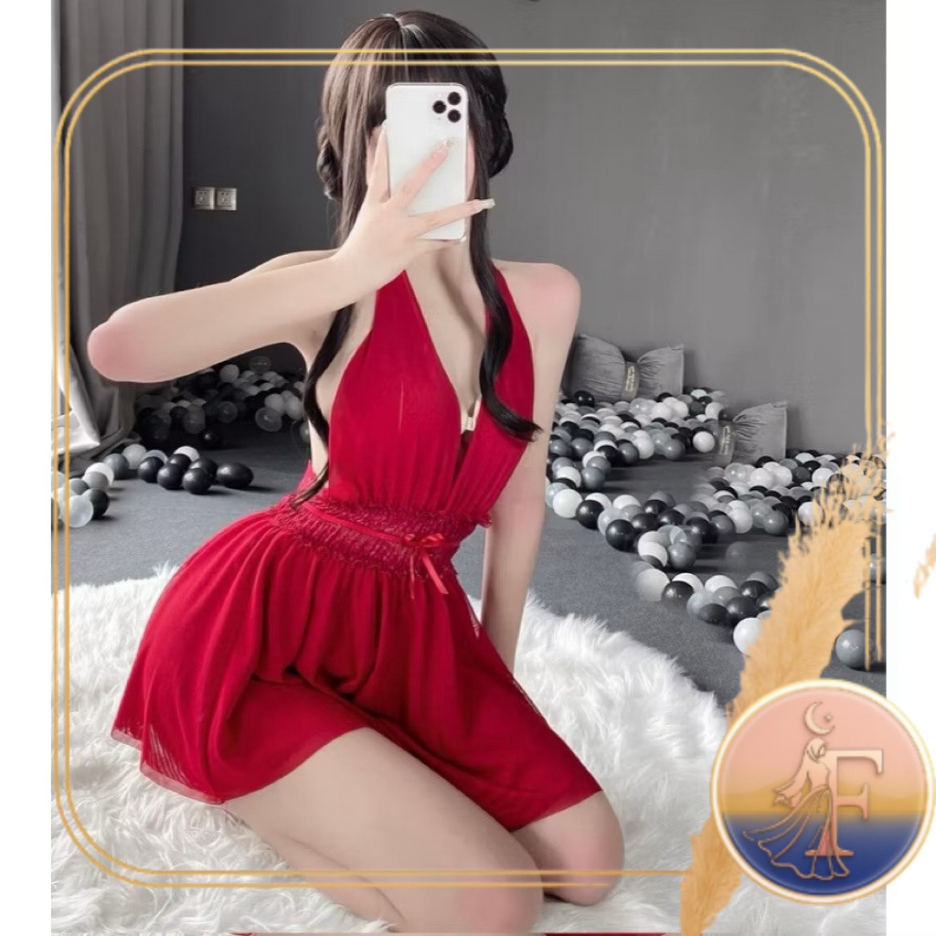 Lingerie Set Seksi Halter Neck Dengan Detail Renda Transparan Desain Premium 0006