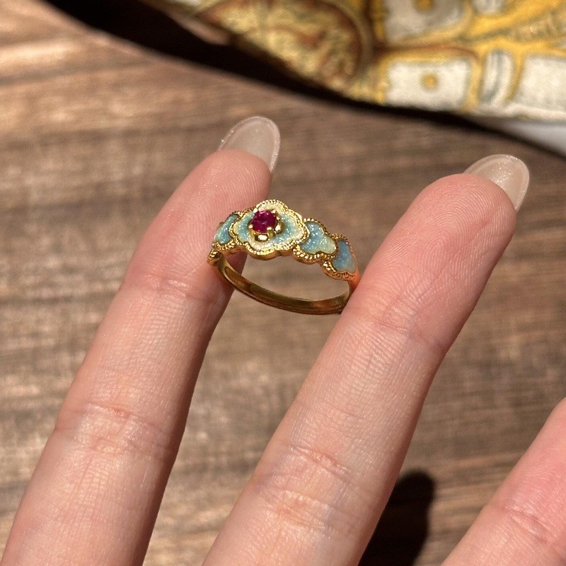 Baru Vintage Cincin Ruby Bunga Biru