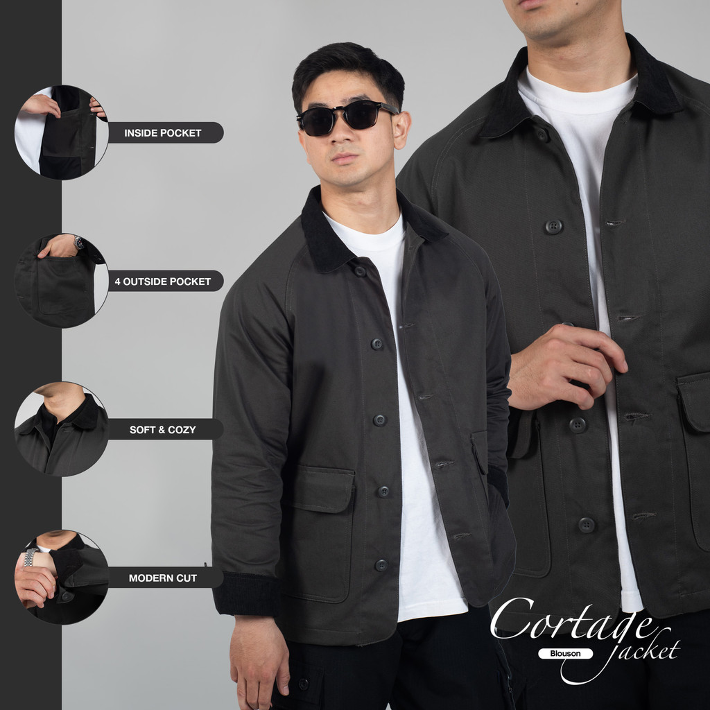 Jaket Polos Pria Kerah Corduroy WOODCUTTER Cortage Blouson Jacket - Grey - Work Multi Pocket