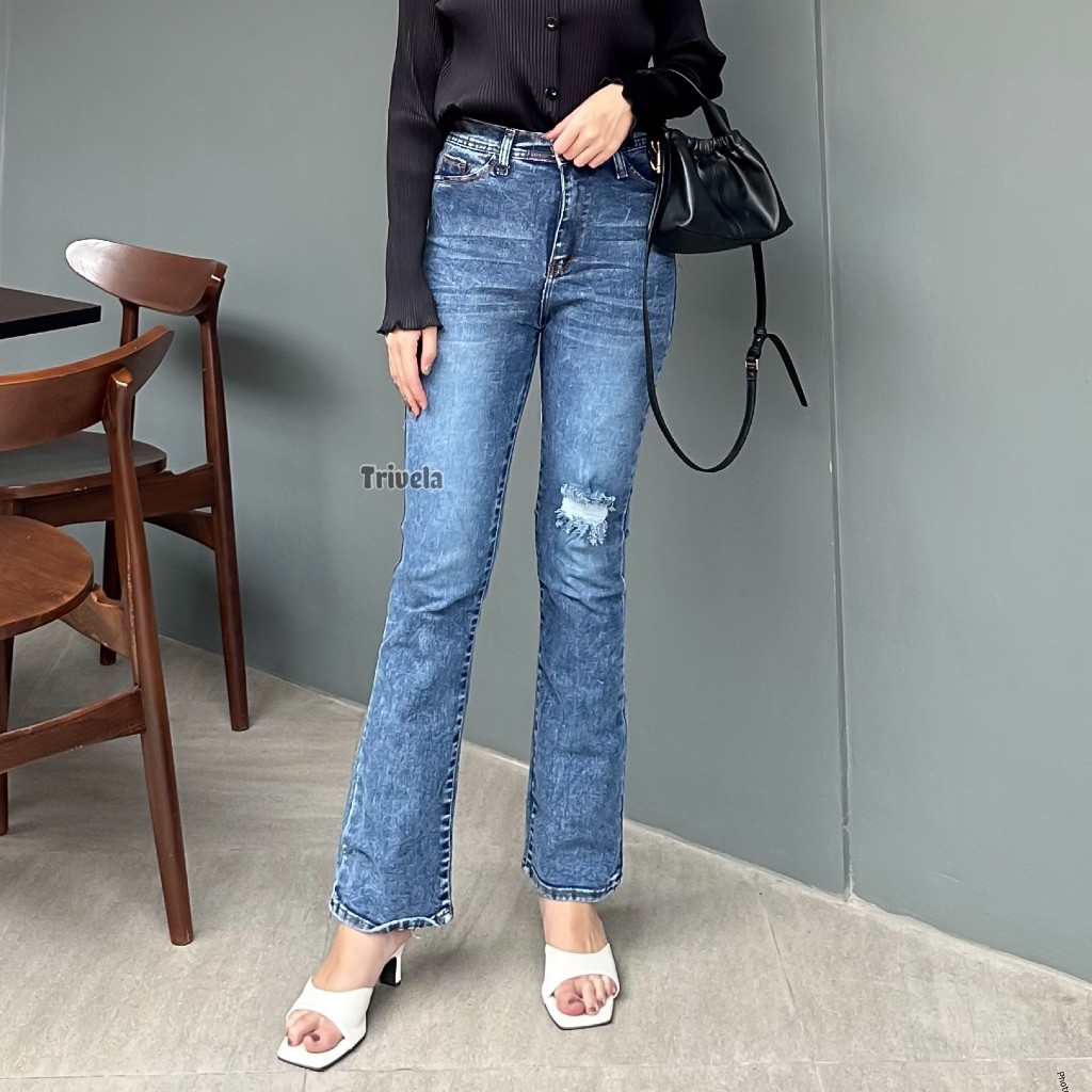 SC Celana Jeans Cutbray Loose Wanita Sobek Lapis Hijab Friendly Carla