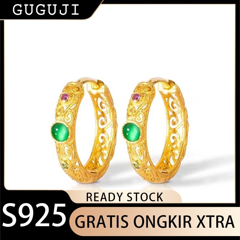 GUGUJI Anting Emas Vietnam Pasir Emas Anting Filigree Berongga Gaya Vintage Anting Elegan Wanita Ema