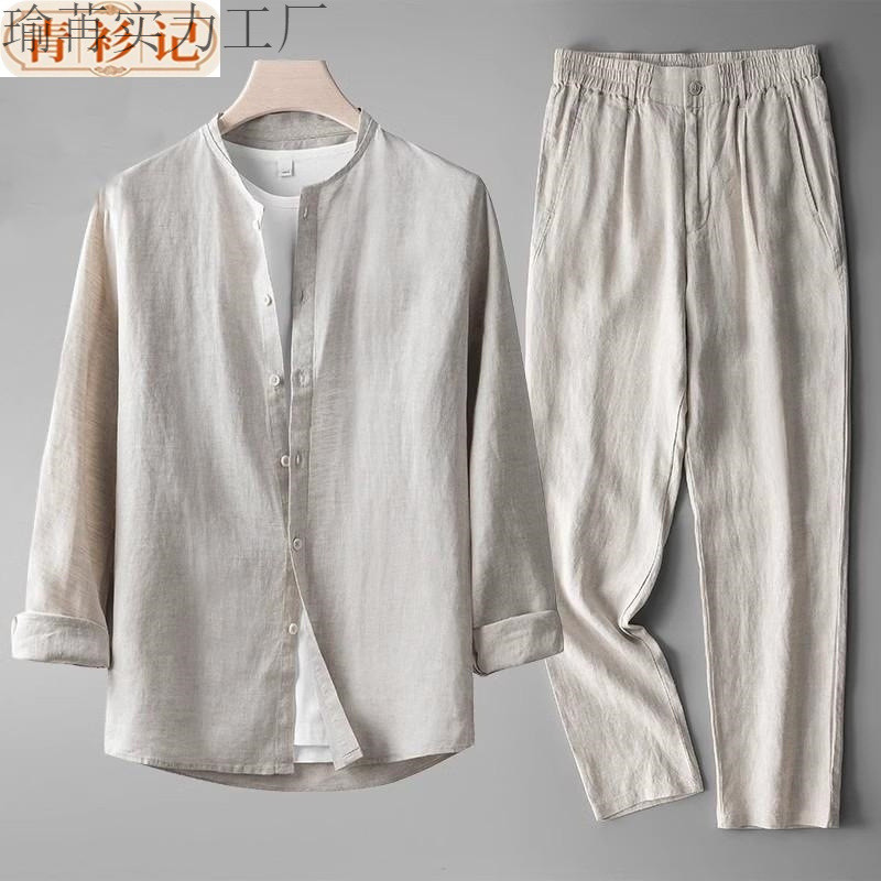 Setelan Tang Linen Pria Berkualitas Tinggi   Set Kemeja Santai Katun dan Linen Gaya Cina yang